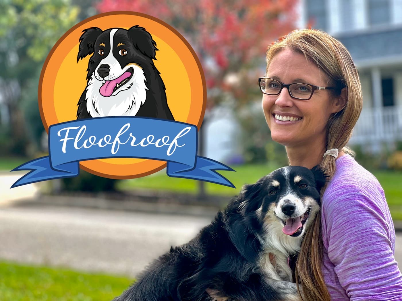 Angela holding Allie, her border collie, in front of their home
